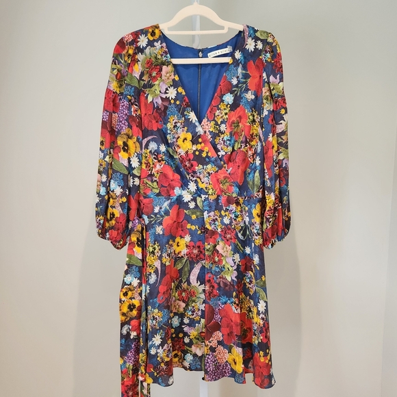 Alice + Olivia Floral Balloon Sleeve Kerri Bishop Dress Tie V-neck Silk Sz 6 - Picture 4 of 16